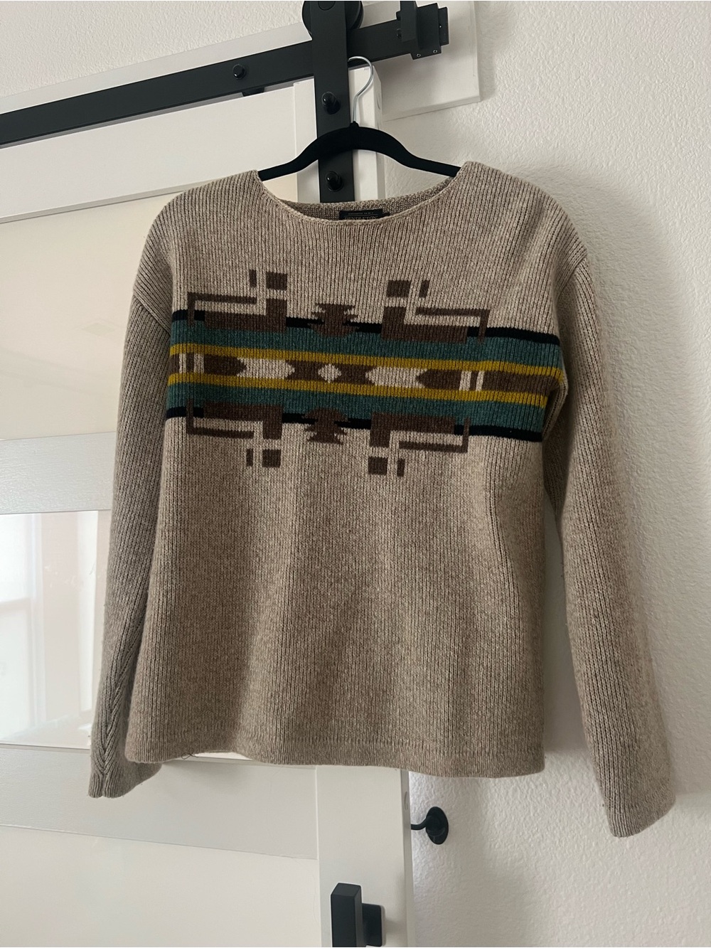 Pendleton Beige Crewneck Sweater with Teal and Mustard Pattern